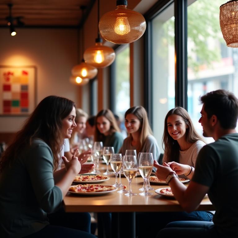 창가 자리에서 식사를 즐기는 고객들
